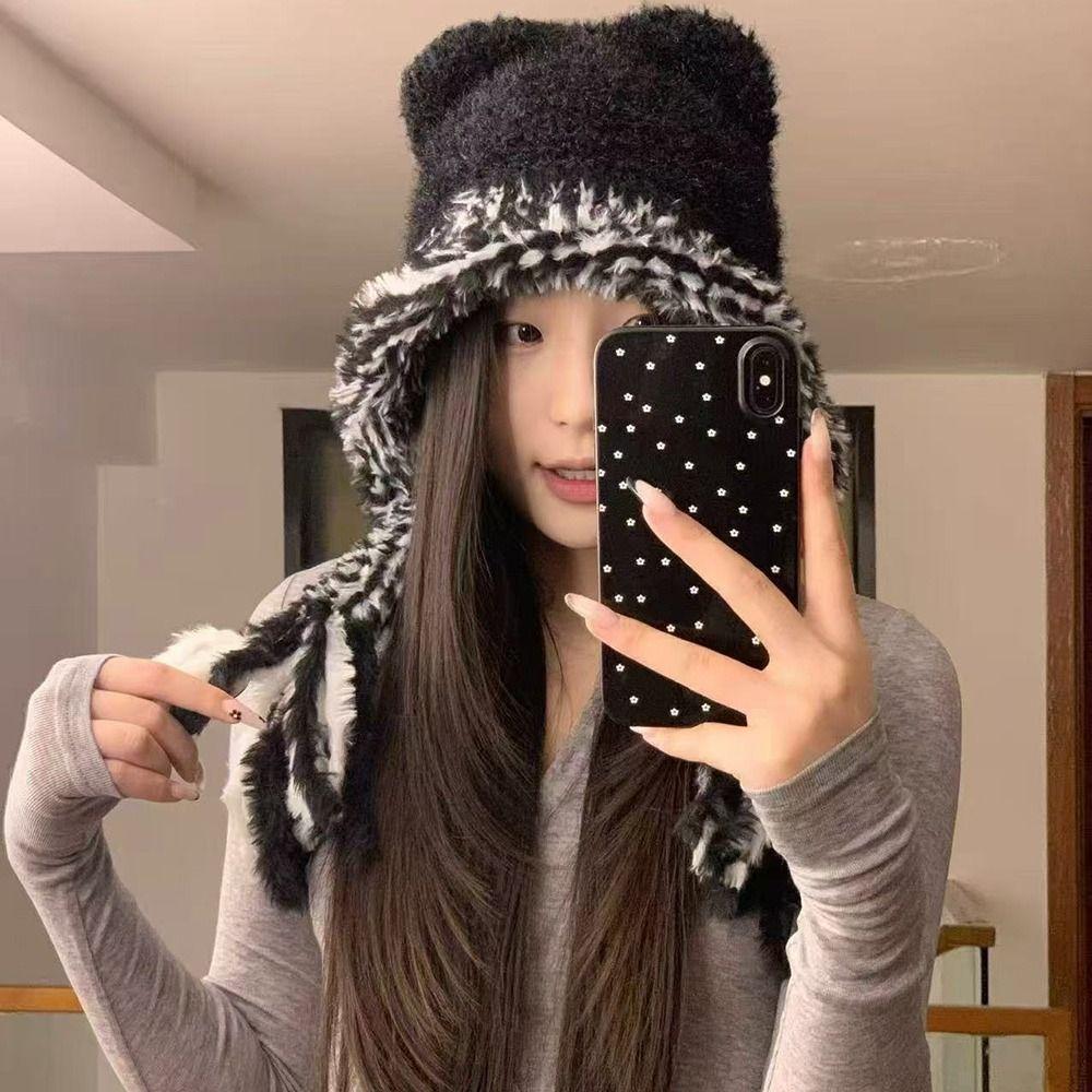 Cute Edge Winter Hat Ear Protection Warm Knitted Woolen Hat Windproof Thermal Beanie Cap Winter