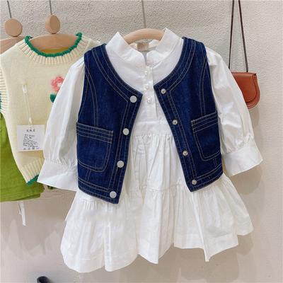 Spring Summer Girls Clothing Long Sleeve White Dress Children Fashion Solid Dresses + Denim Jacket Vest for 3-8 Years Kids
