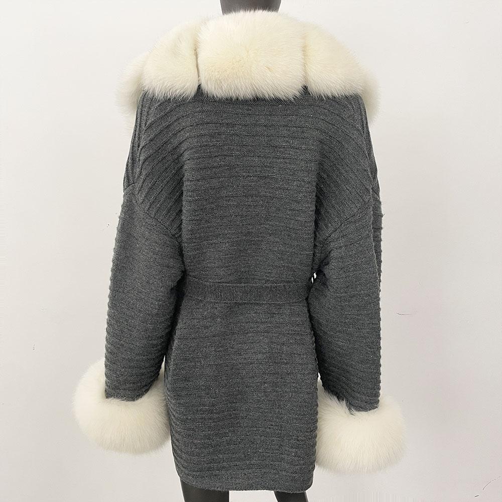OFTBUY Podzimní Dámský Měkký Dlouhý Pravý Velký Liščí Kožich Teplý Pletený Kabát Pásek Klopa Límec Svrchní Oblečení Ležérní Svetr Bunda Volná Dámská Elegantní Dlouhá