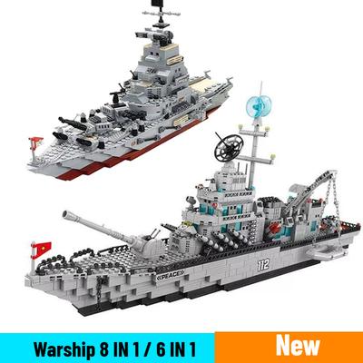 Big Size 6 IN 1 Military Navy War Ship Army Ship Model Warship Building Blocks War Army Boat Plane Model Toys For Boys Kids