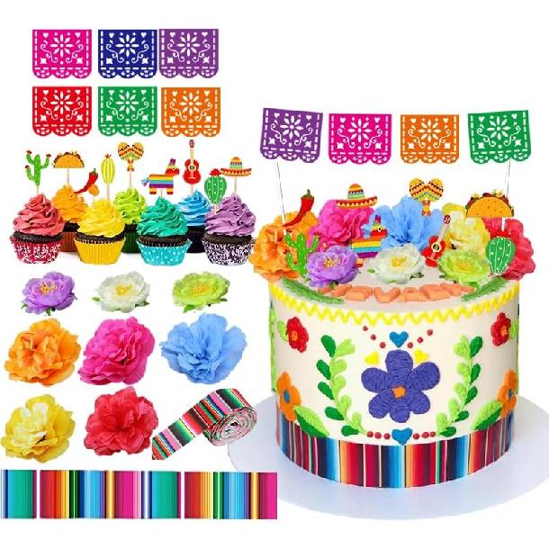Mexican Fiesta Cake Topper Mini Mexican Papel Picado Banner Mexican Serape Ribbon and Flower for Mexican Themed Party Decorations