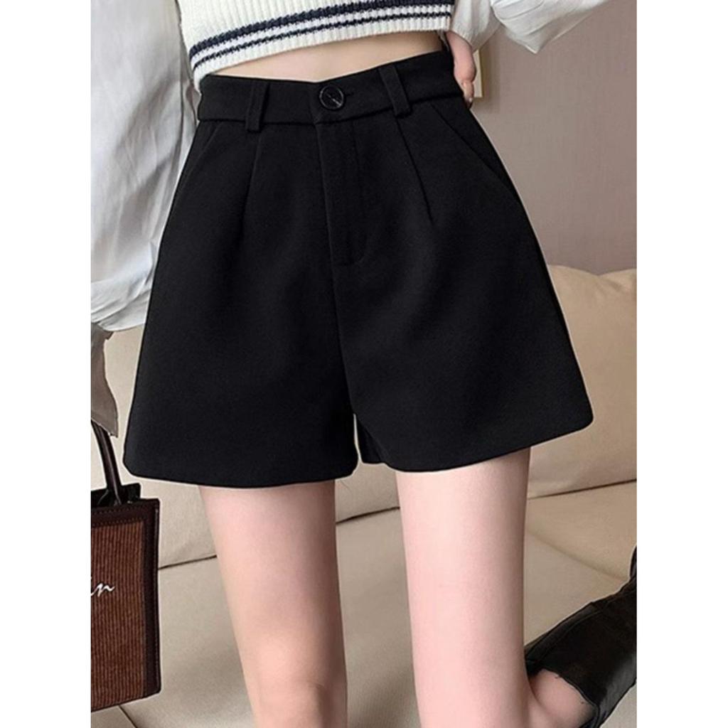 Dámské černé vlněné šortky s vysokým pasem, áčkového střihu a širokými nohavicemi pro jaro, podzim a zimu