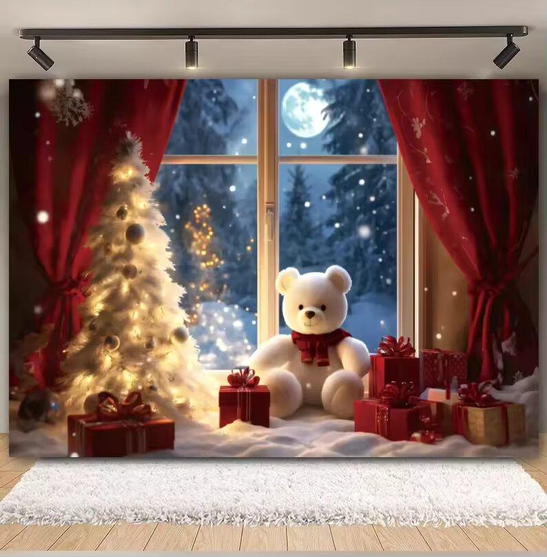 Christmas Window Santa Claus Backdrops Winter Christmas Tree Curtains Moon Night Lights Xmas Eve New Year Photography Background
