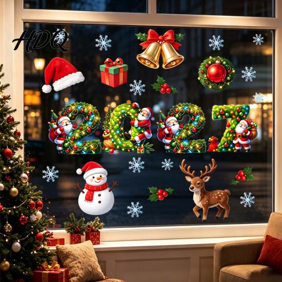 PVC Window Stickers 2027 Merry Christmas Cling Santa Snowman Reindeer Glass Door Sticker Seasonal Party Decorations Static Decal for Living