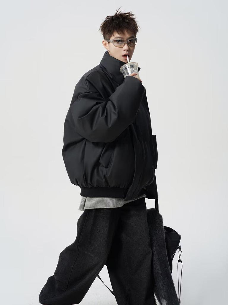 Men's American-Style Winter Warm Cotton Jacket, Loose Fit, Short PU Leather, Padded, Niche Design.