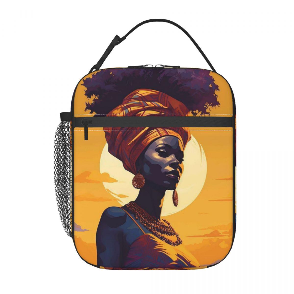 

Vibrant African Women Traditional Headscarf Insulated Lunch Bag for Women Kids Portable Food Boxes Thermal Lunch Box Tote One Size