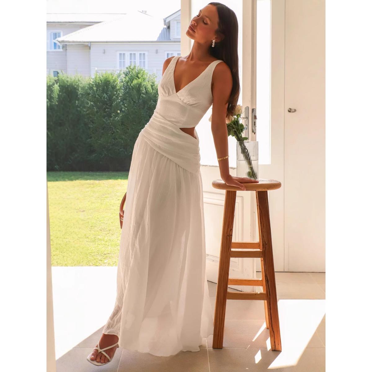 Women s V Neck Sleeveless Solid Color A Line Maxi Dress with Waist Cutout Casual Summer Long Dress S белый