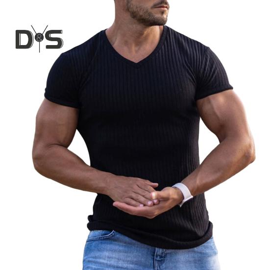 Tricou cu mânecă scurtă pentru bărbați, cu decolteu în V, pentru fitness, cu dungi sportive, de culoare uni, Tricou, îmbrăcăminte de gimnastică respirabilă, pentru sport, călătorii, birou