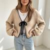 Autumn Winter Women's Cross-Color Knit Cardigan: V-Neck Tie-Up Loose Long Sleeve Sweater Top