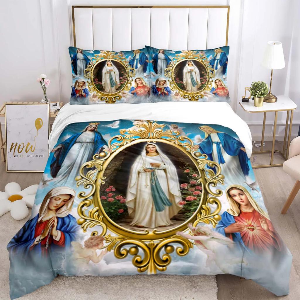 Bettwäscheset mit der Jungfrau Maria und Jesus, Halloween-Horrorfilm, Bettbezüge, Kinderbettwäsche, Dekor, Bettwäsche mit Kissenbezug, kein Laken, 3-teilig