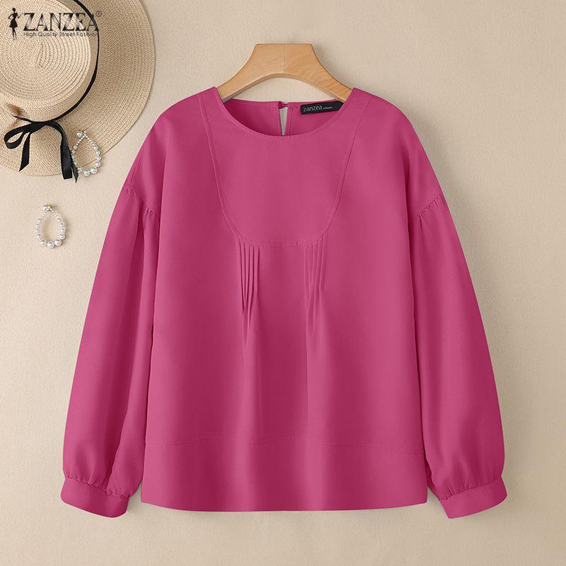 ZANZEA Women Casual Round Neck Solid Color Long Sleeve Blouse