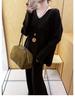 Autumn/Winter Retro V-neck Knit Set: Casual Top & Drapey Wide-Leg Pants Two-Piece
