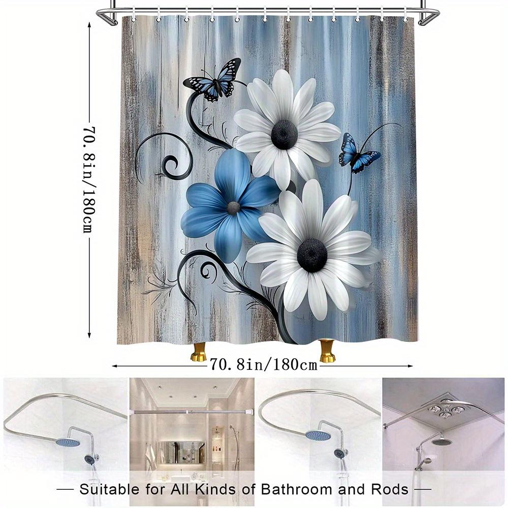 1Pc Butterfly And Flower Shower Curtain With Artistic Design, Polyester Fabric, Bathroom Decor Included, 12 Hooks,