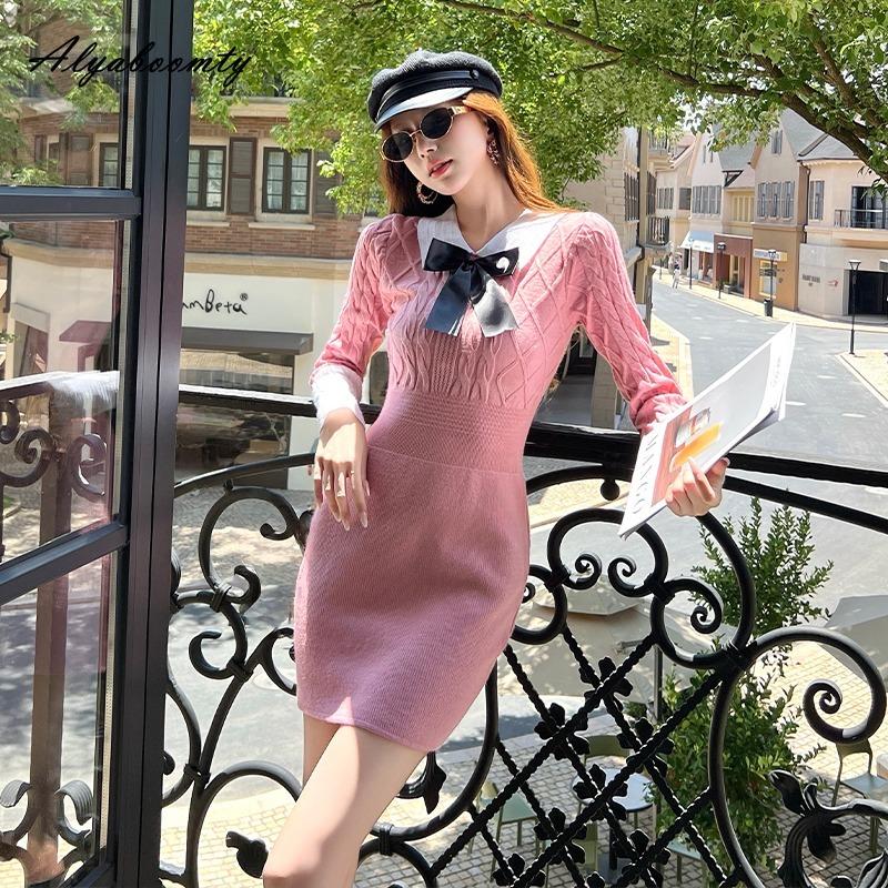 French Style Autumn Winter Women Mini Sweater Dress Peter Pan Collar Pink Gray Bow Knitting Bodycon Dress Warm Knitted Slim Sweet Short Dress