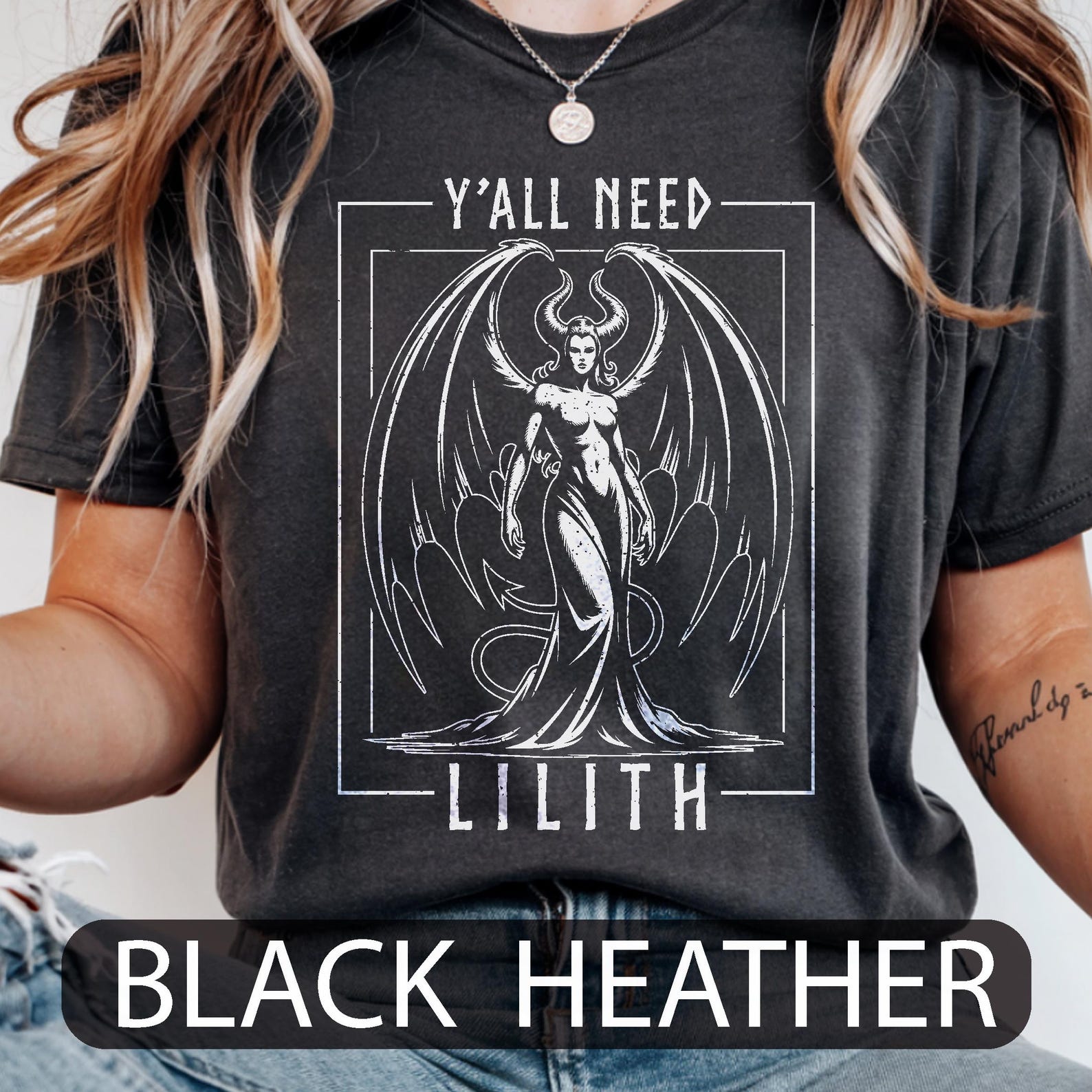 Lilith Demoness Shirt, Y all Need Lilith Sarcastic Tee, Dark Feminine Gothic Mythology Witch T-Shirt, Distressed Vintage Style S