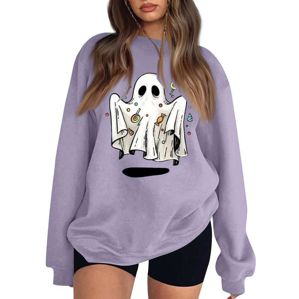 Women's Comfortable Round Neck Long Sleeve Sweatshirt Loose Fit Casual with Color and Halloween Print