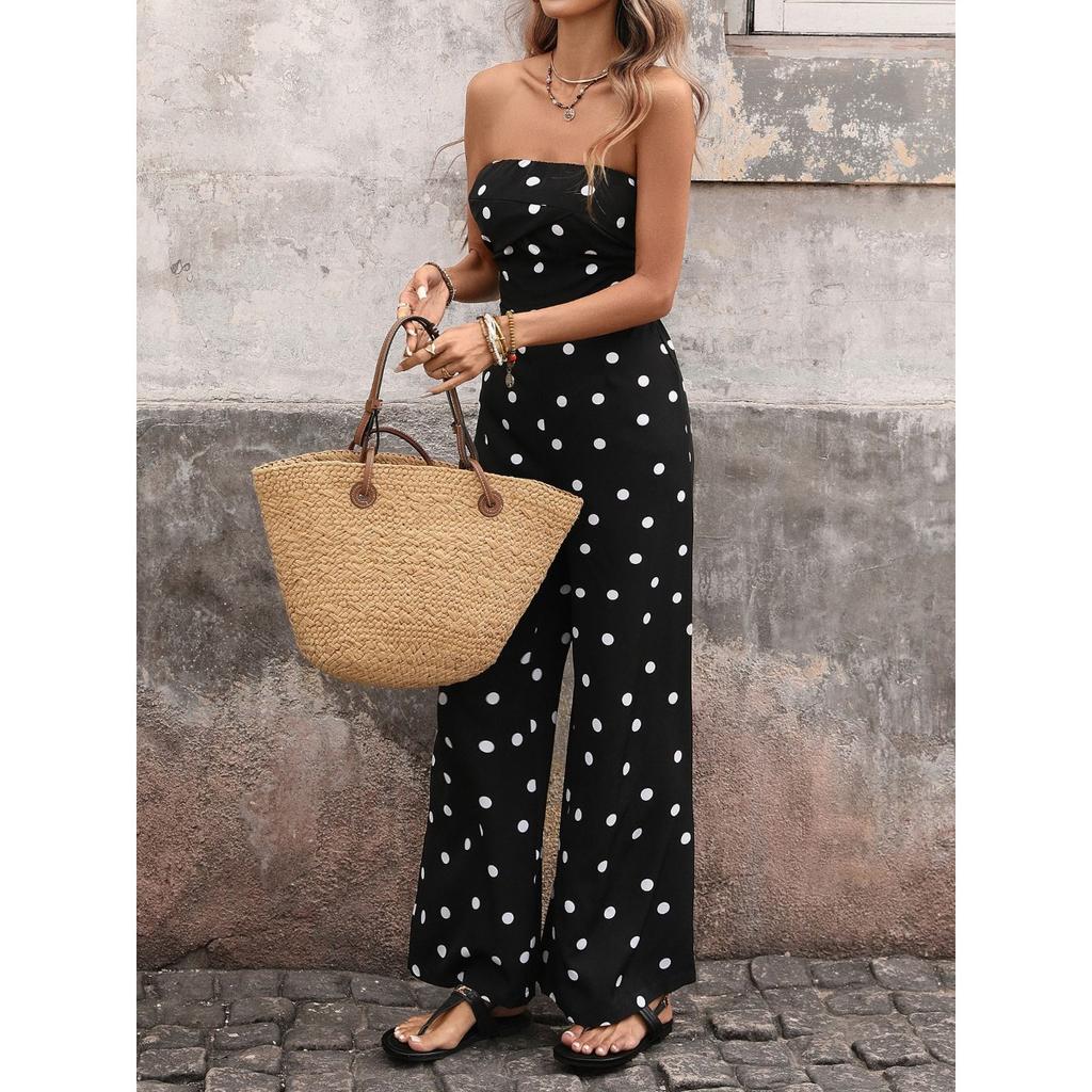 New Women's Polka Dot Sleeveless Strapless French Vacation Jumpsuits Casual Long Pants