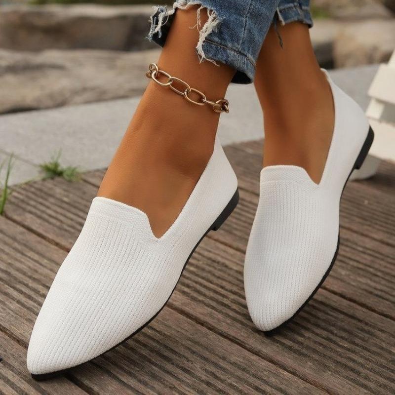 Fashion New Women Solid Color Pointed Head Mesh Loafers Shallow Woman Flats Soft Bottom Knit Ballet Flat Shoes Casual Slip on Boat Shoes