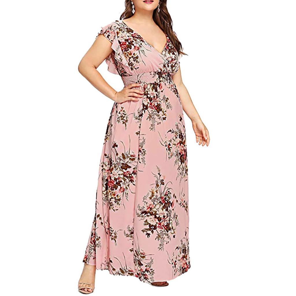Women's Casual Floral Print V-Neck Ruffle Sleeveless Plus Size Dress Long