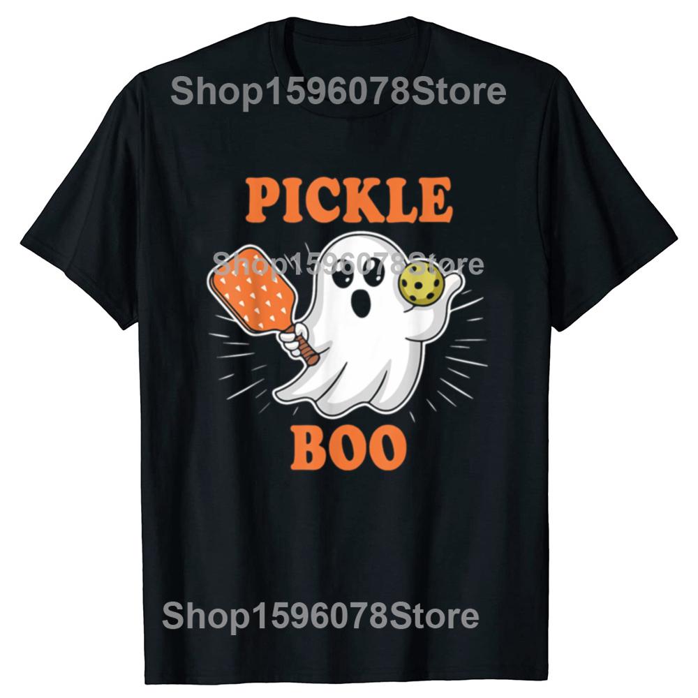 Funny Pickle-Boo Ghost Playing Pickleball Halloween T Shirts Men Cotton Humor Streetwear Tee Shirt Short Sleeve Unisex Clothing