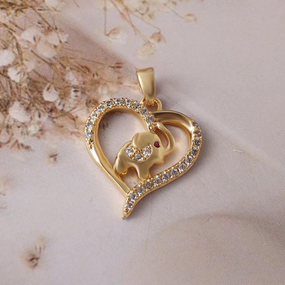 18K Gold Plated Silver Heart & Elephant Pendant with Red Diamond and Zircon - DIY Necklace/Bracelet Accessory.