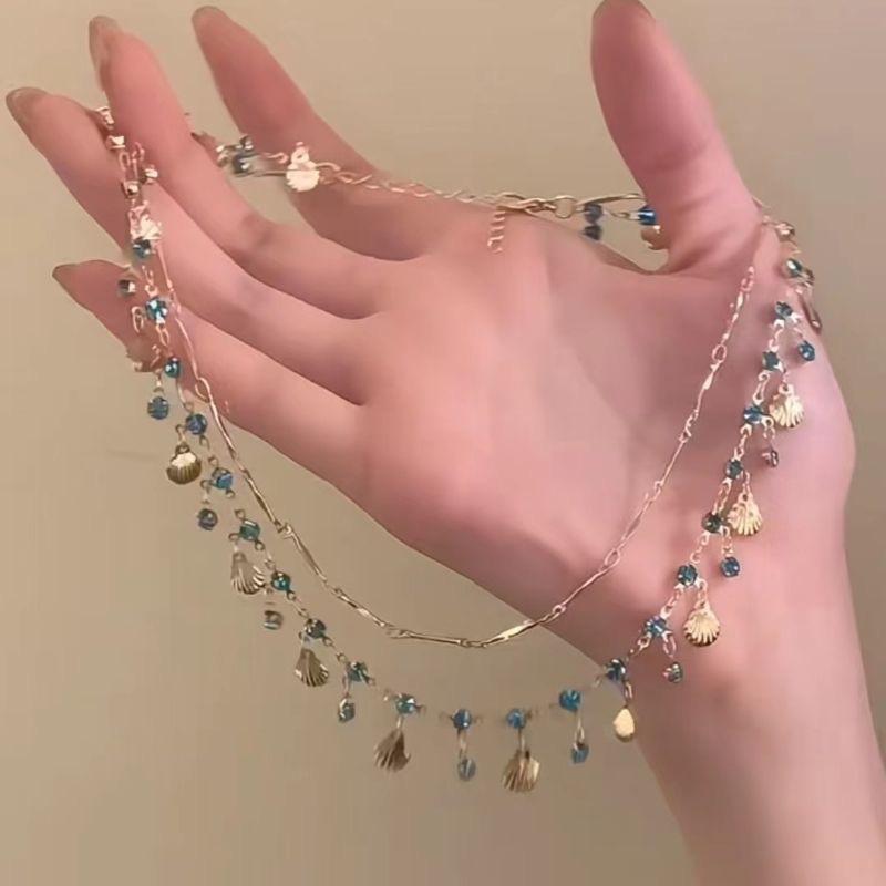 Elegant Gold Color Chain Shell Blue Tear Jewelry Set Crystal Choker Necklace Bracelet For Women Wedding Jewelry Birthday Gift