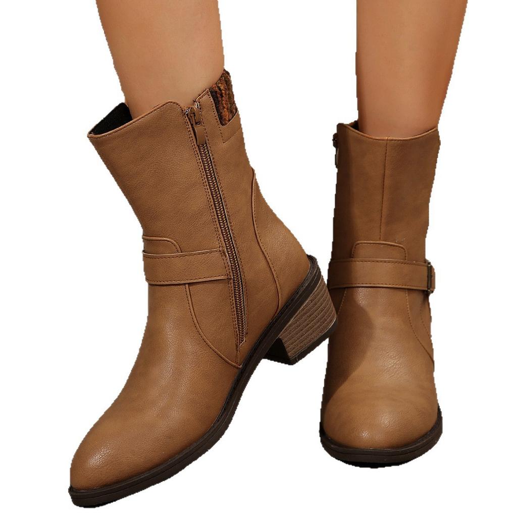 Foreign Trade Autumn and Winter Women's Shoes Belt Buckle Thick Heel Mid-tube Boots New British Style Commuting Simple Casual Fashion Boots