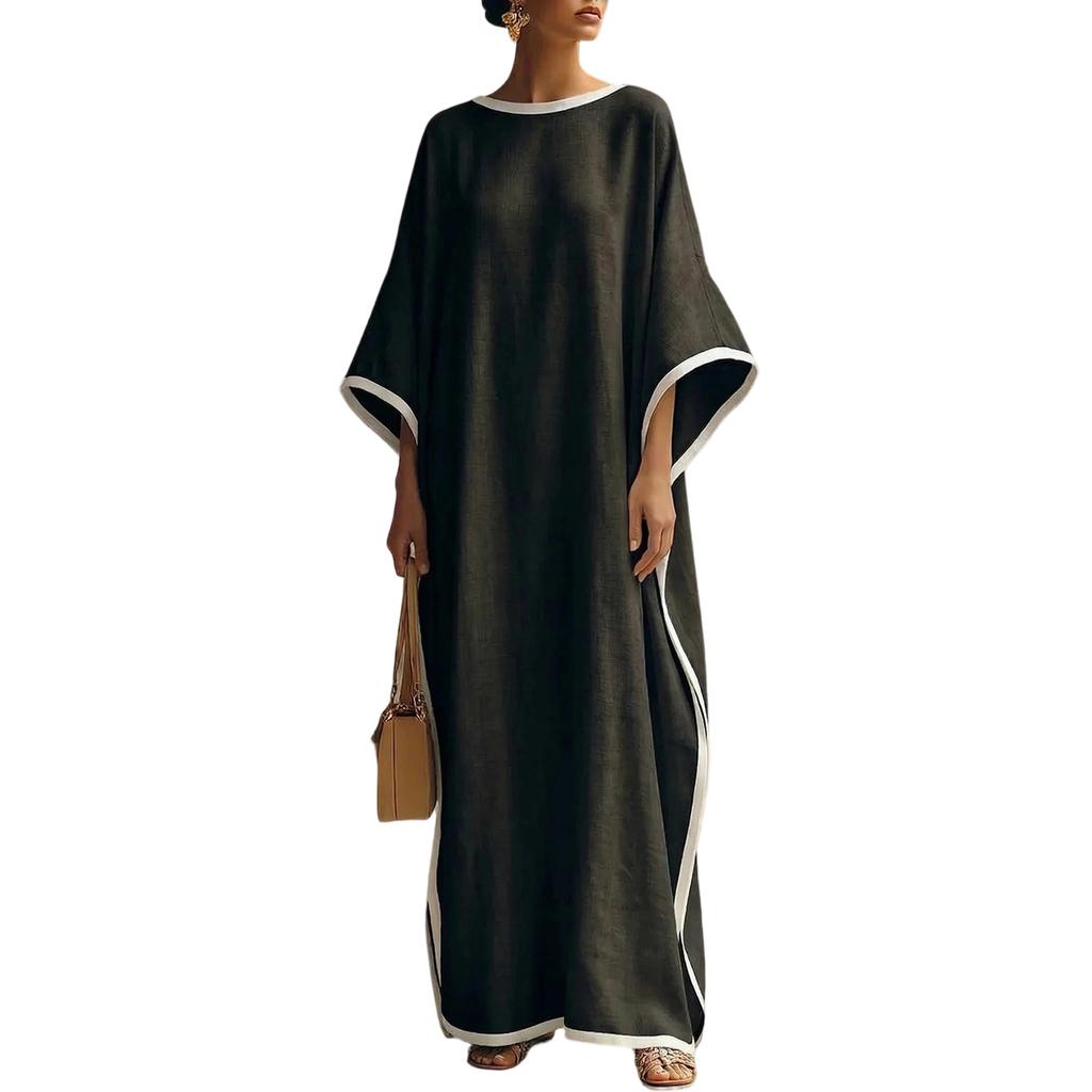 Vestido Largo Holgado Manga Murciélago Casual de Largo Completo Vestido Maxi Cómodo Oversize con Ribete en Contraste para Mujer