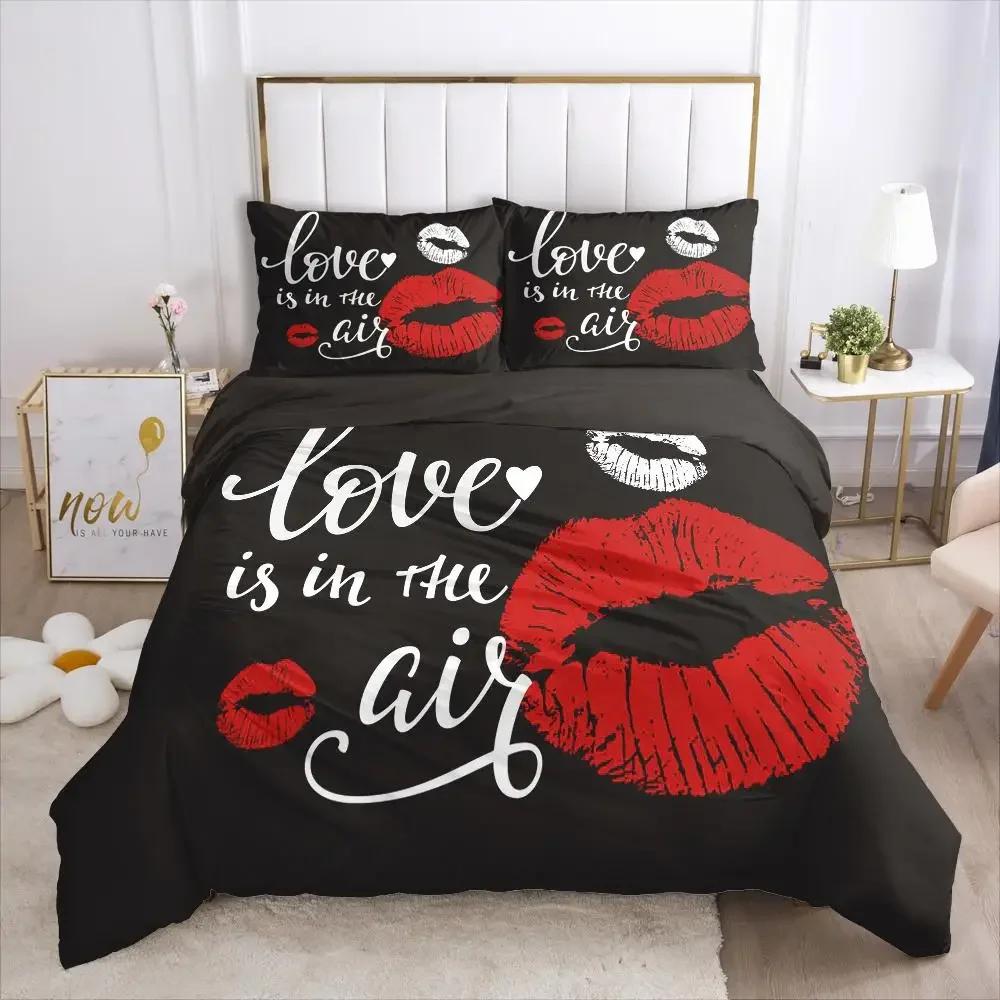 Amor Labial Rojo Tema Sexy Marcas de Beso Cómodo Edredón Funda de Edredón Funda de Almohada Juego de Ropa de Cama Decoración Habitación Infantil Textil para el Hogar
