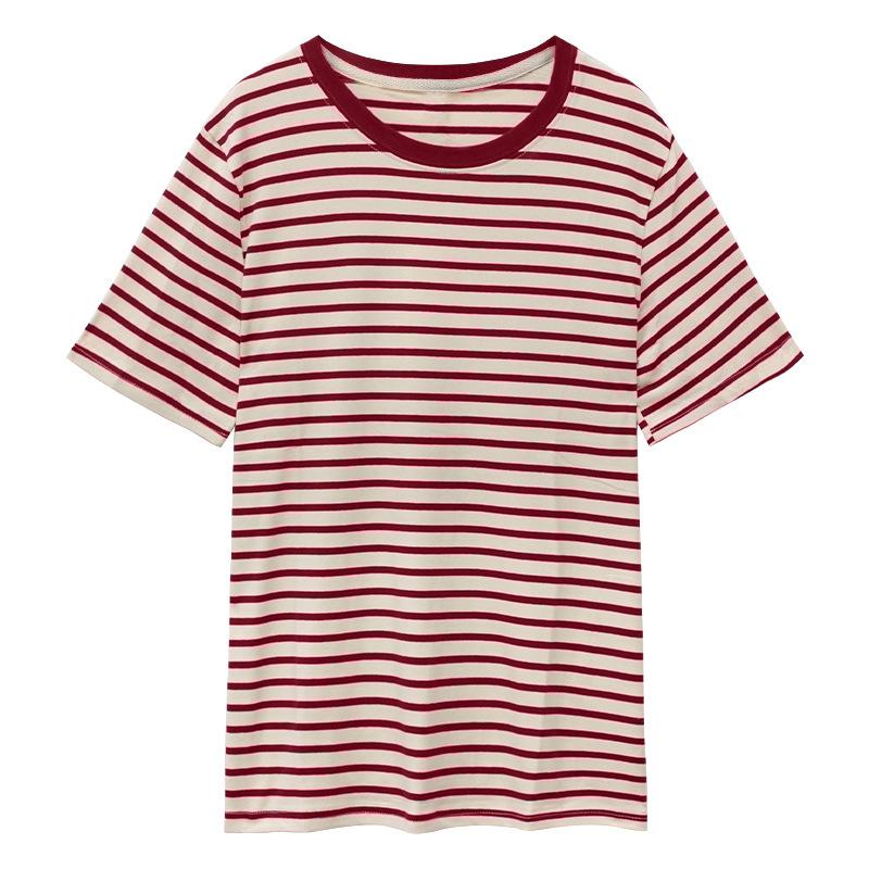 Retro pruhované tričko s krátkým rukávem pro ženy, léto 2023, nový styl, kontrastní barevné prošívání, zeštíhlující top s kulatým výstřihem