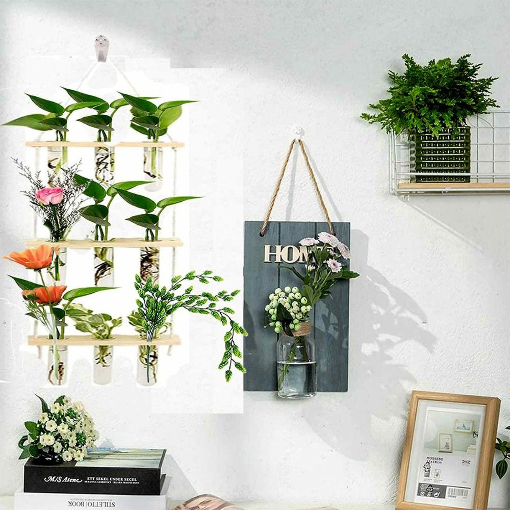Retro Wood Frame Vase Wall Hanging Transparent Glass Vase Glass Planter Plant Vase  Office