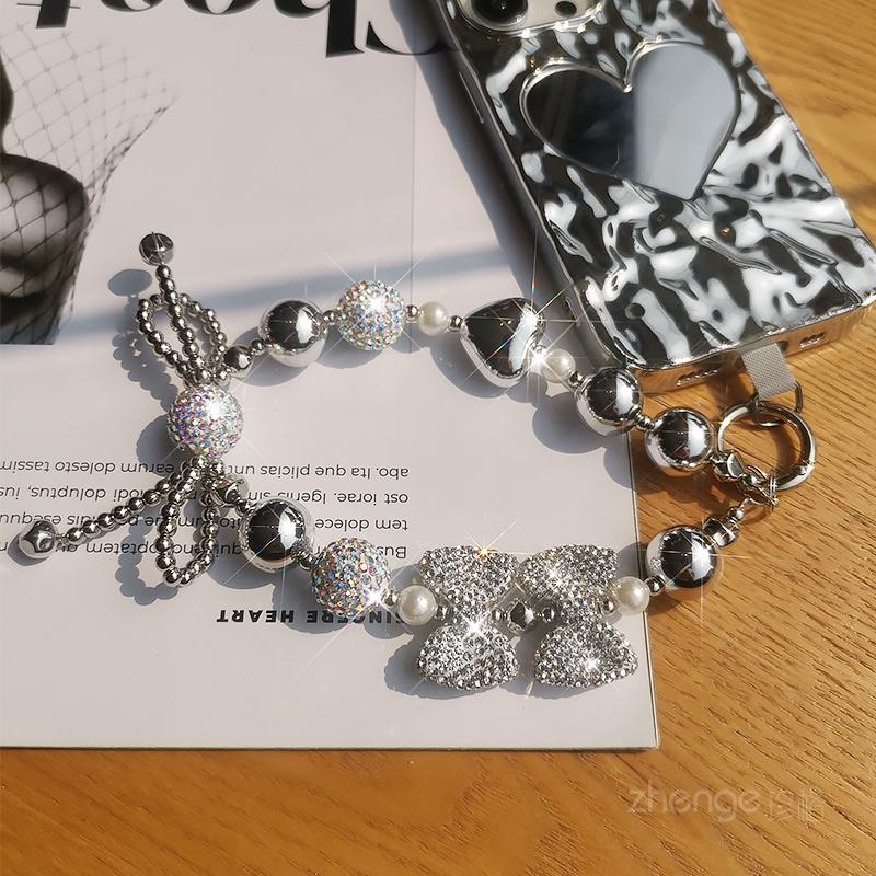 Dense Diamond Bow Beaded Bracelet Hanging Rope Flash Diamond Handheld Wrist Ornament Clip Style Phone Case Phone Strap