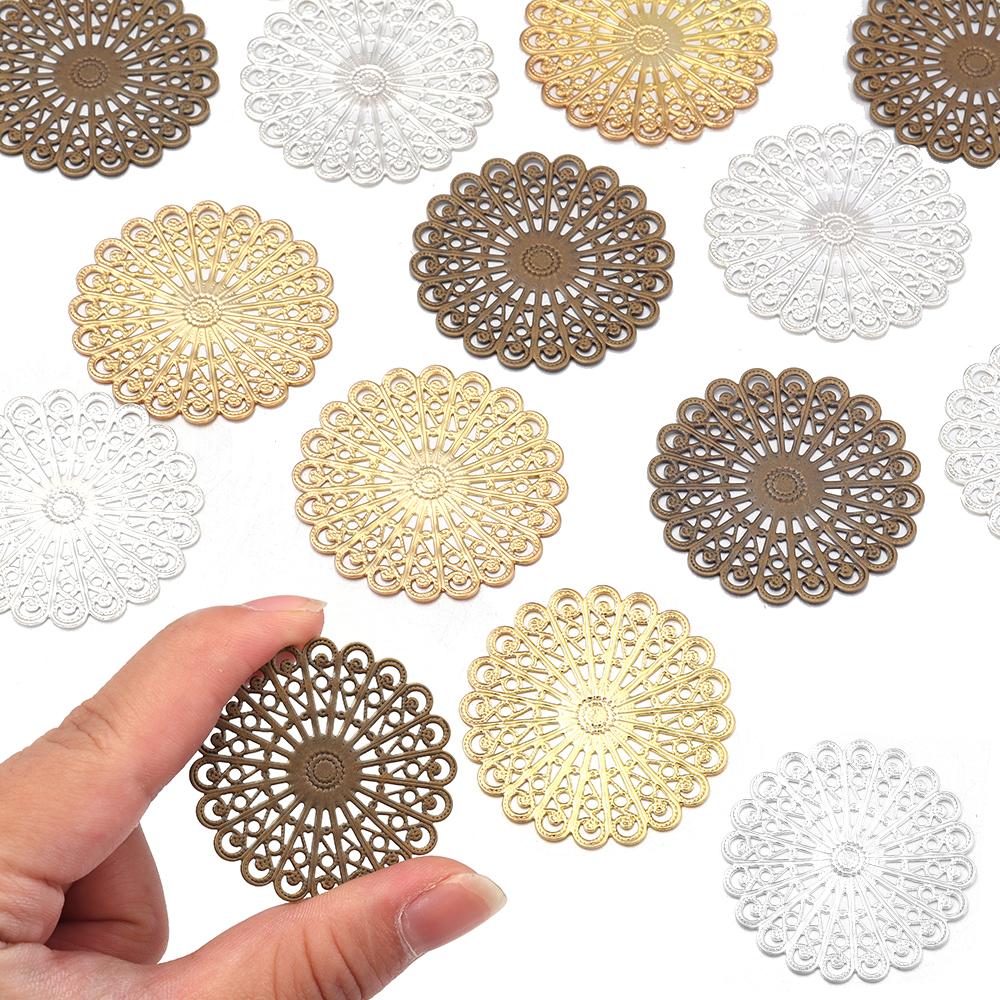 10pcs Filigree Flower Wraps 38mm Metal Copper Round Flower Pieces Connectors For Jewelry Making DIY Home Crafts Gifts Decoration