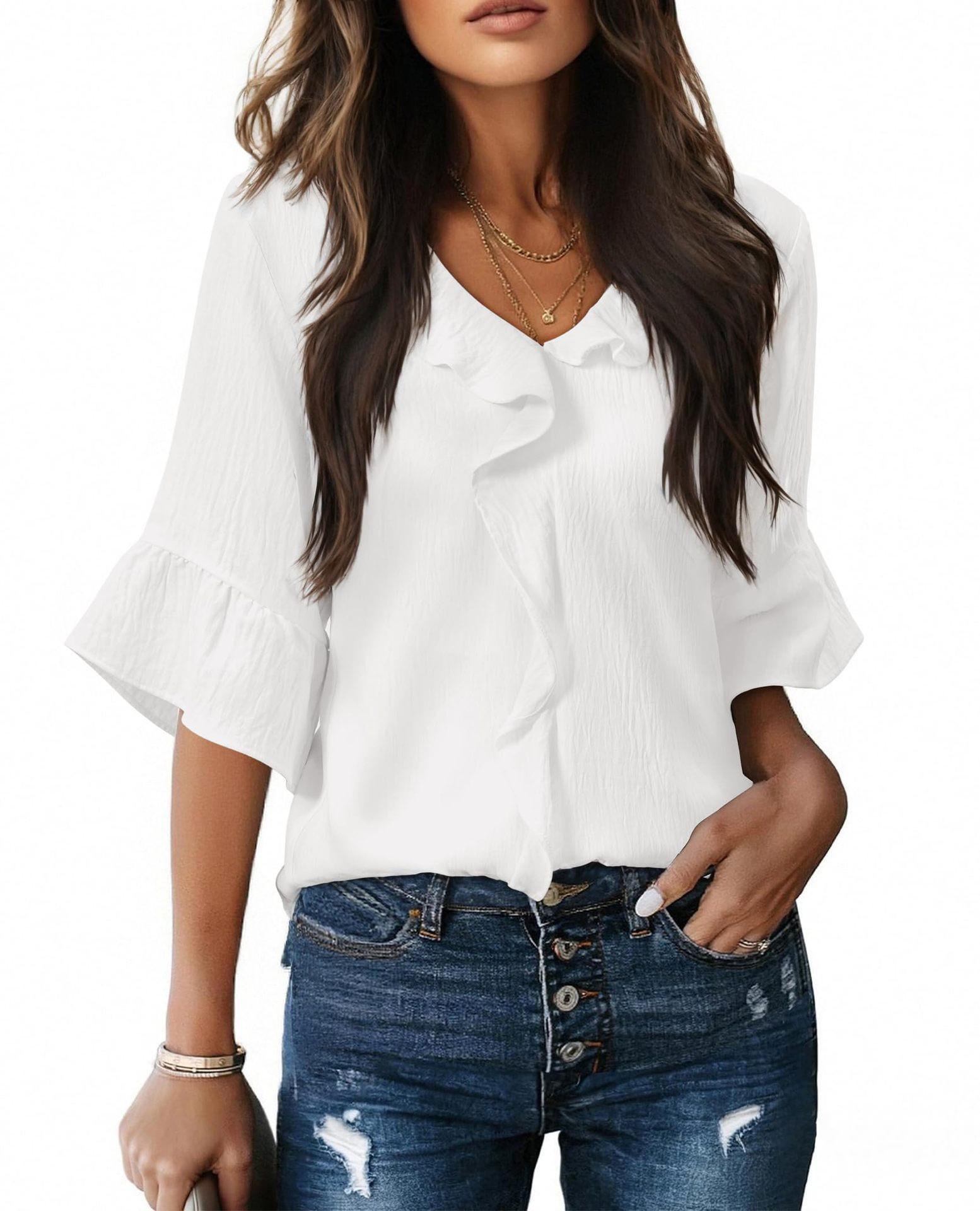 

European & American Style Ruffled Lantern Collar Casual Women s Short-Sleeve Top 2026 2XL білий