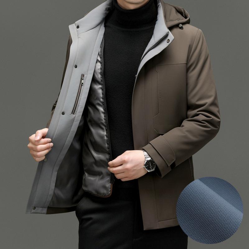 Men's Mid-Length Hooded Detachable Down Jacket - Thick, Warm Outerwear