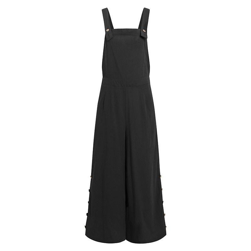 2026 New Women's Solid Color Sleeveless Jumpsuit, Side Button Wide Leg Romper with Pockets, Loose Fit Casual Overalls for Daily Wear
