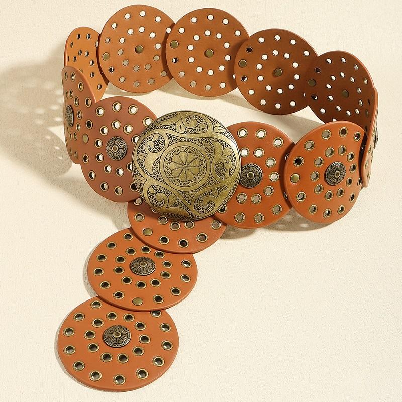 Women's Western Denim Belt High Quality Metal Hollow Ladies Trend Wide Waistband Vintage Personalized Round Belts EMA