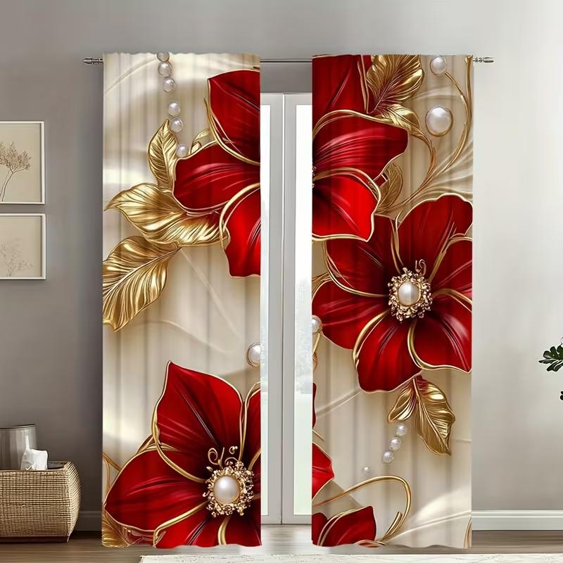 

Gilded Vermilion Splendor Curtains Chinese Retro Style Suitable Bedrooms Living Rooms Decorative Curtain With Rod Pocket Polyester Perfect For Room W100*H70(CM)-Rod Pocket&1PCS