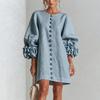 Autumn 3D Floral Long Sleeve Short Dress with Decorative Buttons