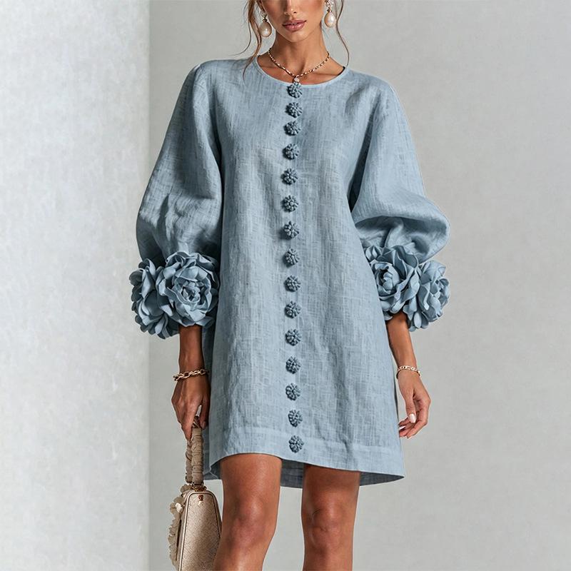 Autumn 3D Floral Long Sleeve Short Dress with Decorative Buttons