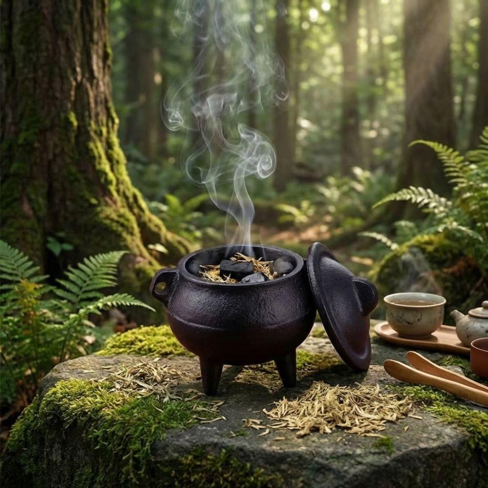 Cast Iron Incense Burner Removable Lid Stable Tripod Cauldron Censer Side Ring Handles Vintage Style Incense Stove Meditation