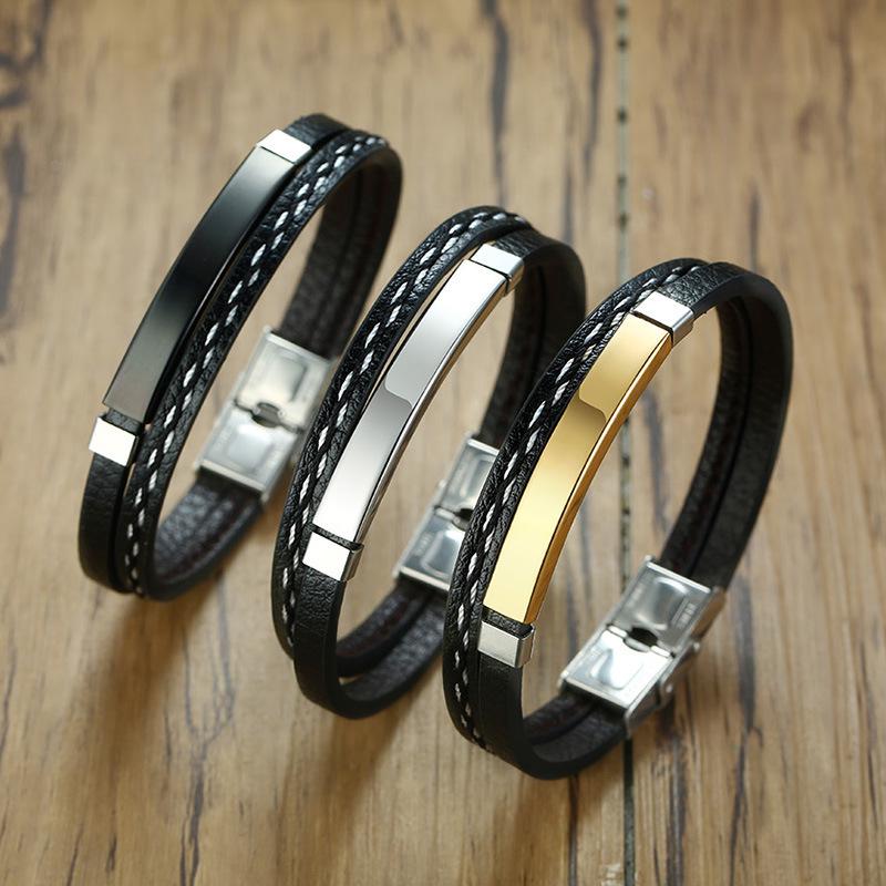 Men's Black Stainless Steel & Braided PU Leather Bracelet - European & American Style, Curved Design, BL-474