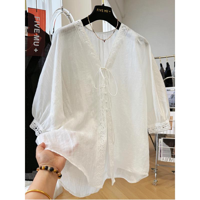 Women s Summer Lace Trim V-Neck Cardigan - Short-Sleeved, Loose French Style L