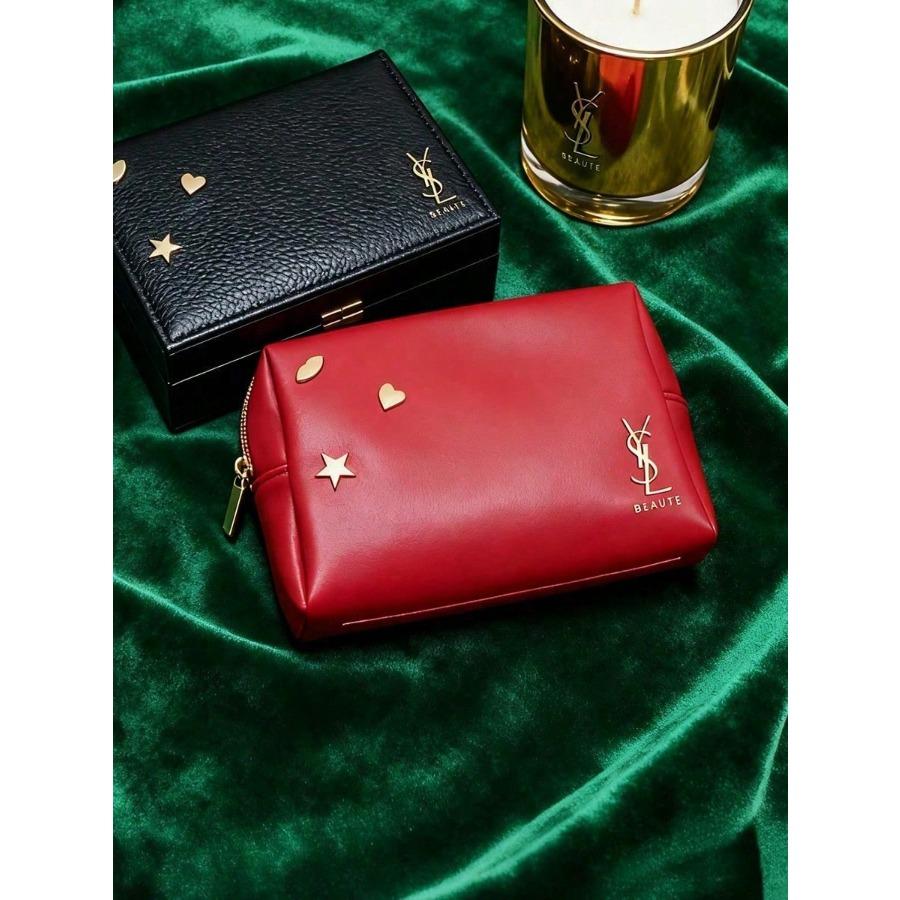 ​Czerwona kosmetyczka YSL z ozdobami w postaci złotych gwiazdek, damska podręczna kopertówka, organizer na codzienne niezbędniki​