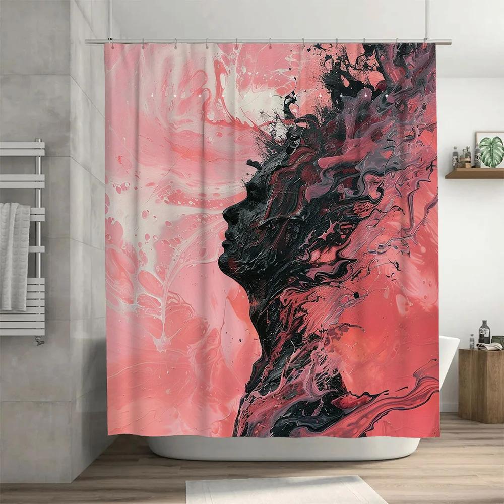 Modern Bathroom Shower Curtain with Abstract Pink and Black Swirl Design Polyester Fabric for Waterproof Protection