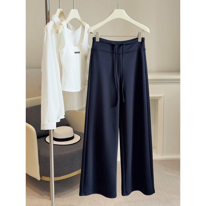 

Soft waxy elastic drawstring straight casual pants women s spring new high waist thin loose drape wide leg trousers M тёмно-синий