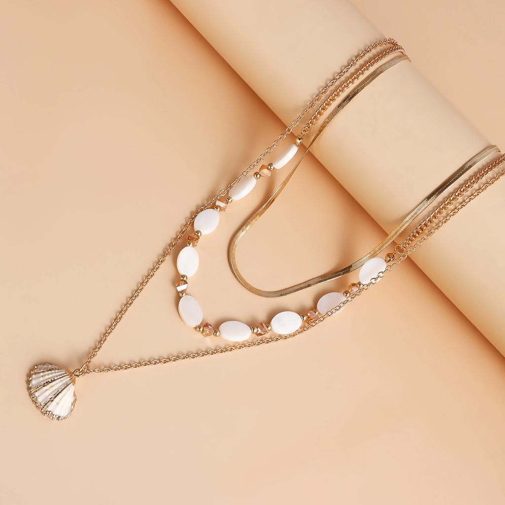 Ocean Wind Shell Multi-layer Stacked Necklace, Retro Vacation Oval Fritillary Beaded Necklace