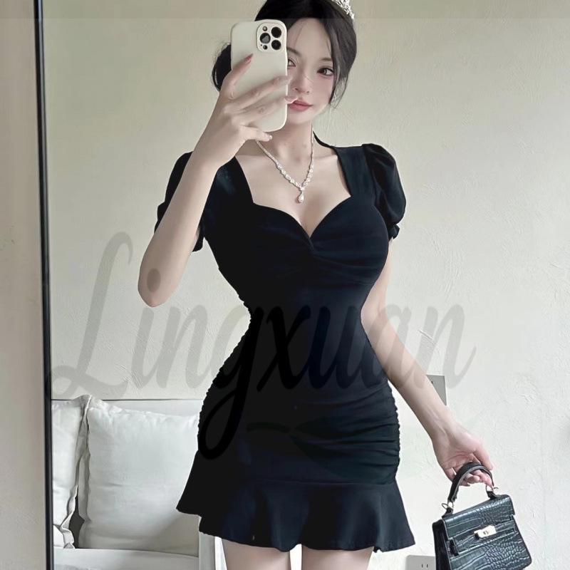 Elegant Low-Cut Puff Sleeve Slim-Fit Ruffled Dress Small чёрный