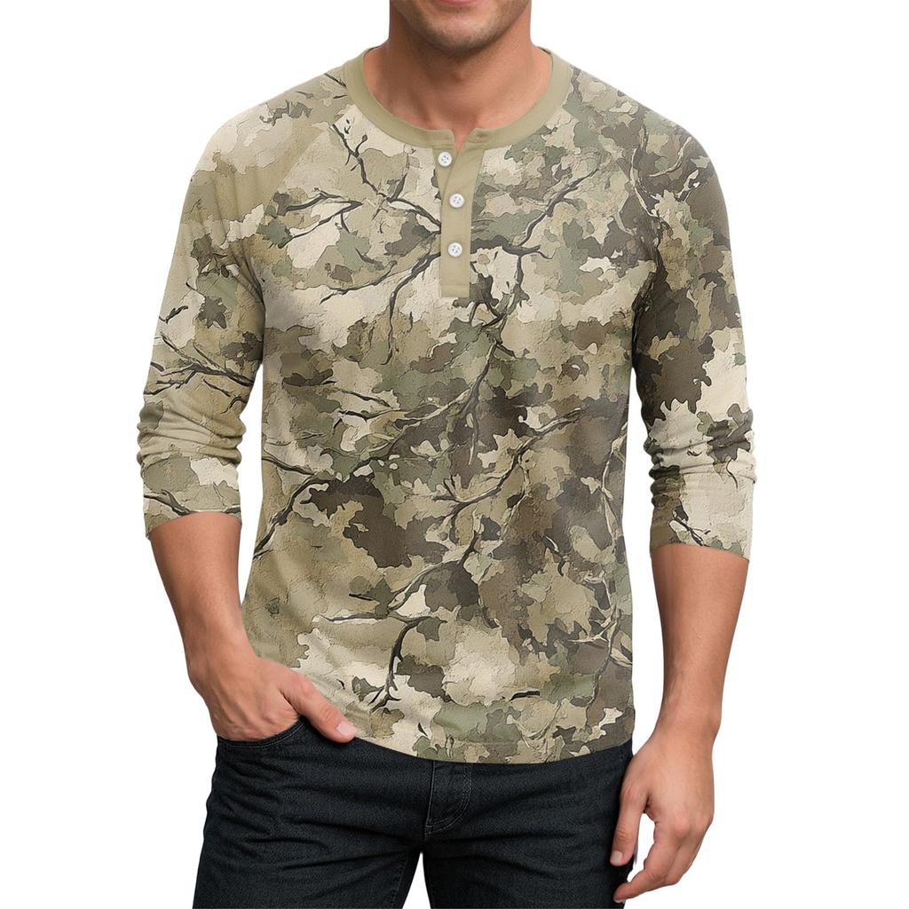 Men's Button-Down Contrast Raglan 3/4 Sleeve Top