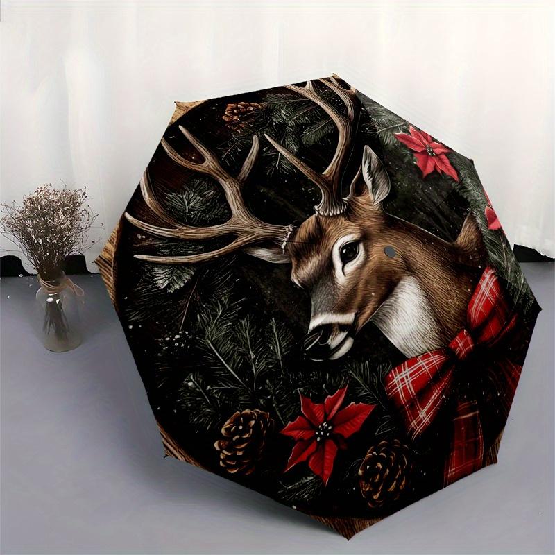 Christmas Deer Wreath Wall DecorUmbrella, Portable 3-FoldCompact Umbrella for Men & Women Gift